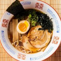 Tokyo Soy Sauce Ramen · House-made savory soy sauce pork broth, toppings comes with braised chashu, marinated egg, g...