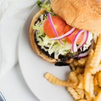 Acapulco Burger · Jalapeños, onions, mushrooms, and Oaxaca cheese. Served with lettuce, tomatoes, mayonnaise, ...