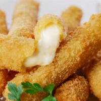 Mozzarella Sticks · 6 pieces of Deep fried cheese sticks. Crispy on the outside, gooey on the inside.