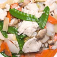 Moo Goo Gai Pan · Sliced white meat chicken with mushrooms, nappa cabbage, carrots and zucchini. Stir-fried in...