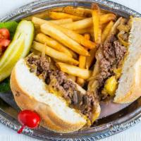 Prime Rib Philly Cheesesteak · Recommended. Fresh thin sliced rib eye steak, melted American cheese, caramelized onions and...