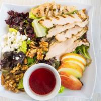 Apple Walnut Chicken Salad · Recommended. Flame broiled chicken, granny smith apples, toasted walnuts, mesclun greens, dr...