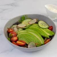Avocado Salad · Avocado, grape tomatoes, and cucumbers, with ginger sauce.