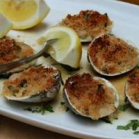 Baked Clams · 1/2 dozen little neck clams, herb, garlic, bread stuffed & broiled in a lemon wine butter he...