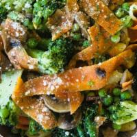 Pasta Primavera · Broccoli, mushrooms, carrots, and peas sautéed in garlic and oil.