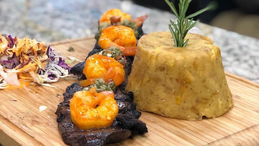 Mar Y Tierra Mofongo · Skirt steak and shrimp mofongo served with salad and our special mofongo meat sauce. Cheese is NOT included.