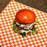 Impossible Smashpocalypse Burger · Vegetarian, impossible burger double smash, manchego cheese, white bbq, lettuce, onions pick...