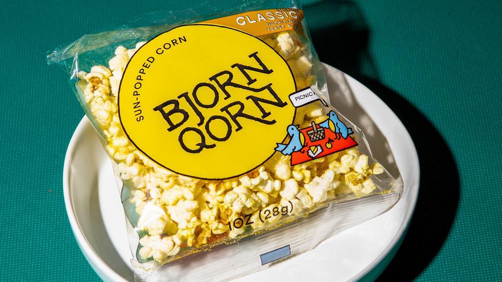 Bjornqorn Popcorn · Vegetarian, vegan, gluten-free, non-gmo popcorn, nutritional yeast, popped by the sun.