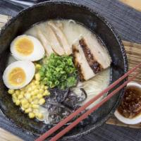 Tonkotsu Ramen · Pork broth, bamboo, wood ear mushroom, corn, scallion, soy sauce marinated  egg, roasted por...