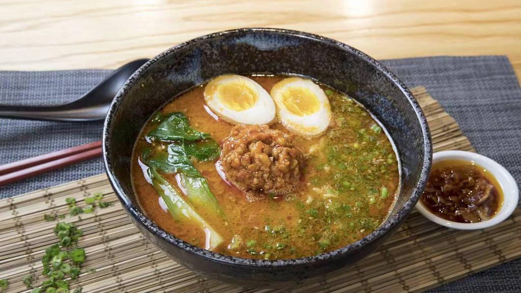 Spicy Tantan Ramen · Spicy. Pork broth, bok choy, scallion, soy sauce marinated egg, spicy ground pork, yellow curly noodle.