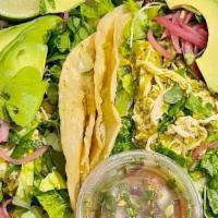Pulled Chicken Tacos (2) · Pulled chicken with Spicy tomatillo salsa, romaine lettuce, avocado, chipotle crema, pickled...