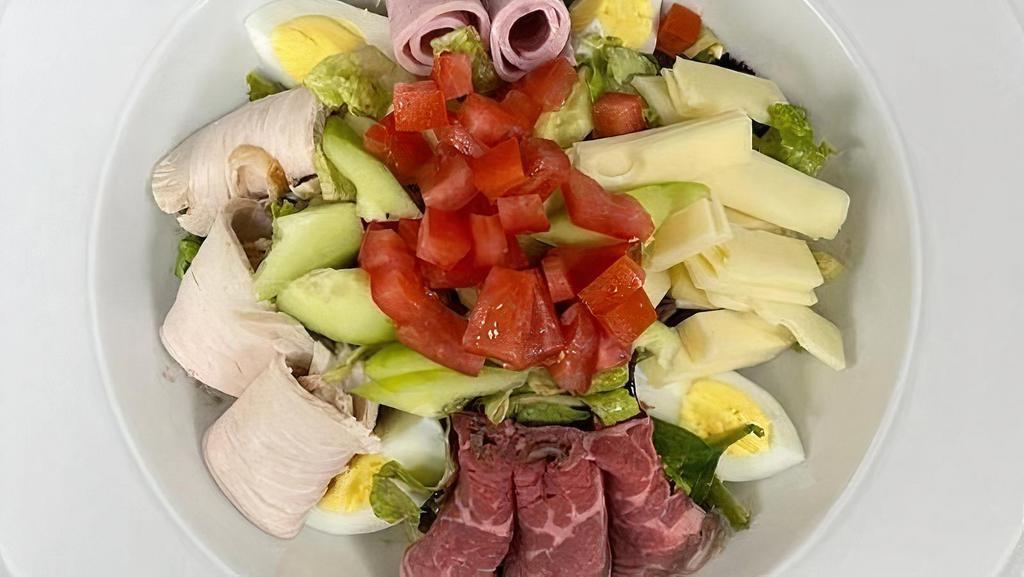 Chef Salad · Lettuce, turkey, roast beef, ham, hard-boiled egg, tomatoes, cucumbers,. swiss, choice of dressing.