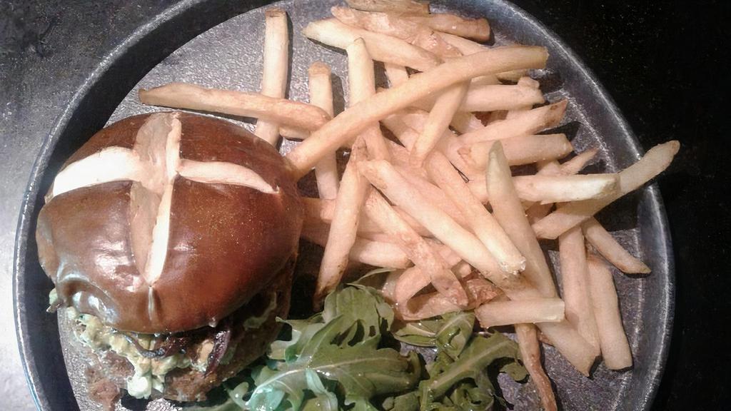 Vegan Burger & Fries · Grilled,  plant-based, with avocado, caramelized onions.