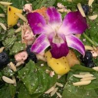 Orchid Blossom · Baby spinach, slivered almonds, mango, blueberries, crumbled feta, organic chia seeds, raspb...