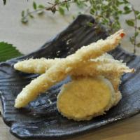 Tempura Shrimp Appetizer · Two pieces shrimp, three pieces vegetable, and tempura sauce.