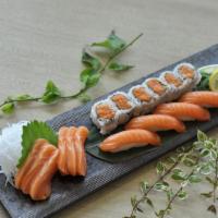 Salmon Lover · Six pieces sashimi and four pieces sushi with spicy salmon roll.