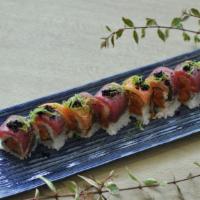 Twin Tower Roll · Spicy tuna, spicy salmon, topped with black pepper tuna, Cajun salmon, scallion, and black t...