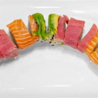 Rainbow Roll · Kani, cucumber, topped with tuna, salmon, yellowtail, and avocado.