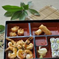 Dinner Bento Box · Served with miso soup, salad, shumai, California roll, and rice.