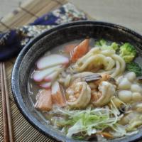 Seafood Udon Soup · Shrimp, scallop, kani, fish cake, and vegetables.