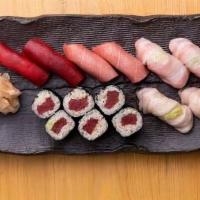 Maguro Flight · blue fin tuna sushi-two pieces each of o-toro, o-toro aburi, chu-toro, akami, and one tuna r...