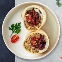Johnny Pastrami Burrito · Pastrami topped with sour cream, salsa, cheese, and spanish rice wrapped in a warm tortilla ...