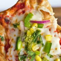 Pizza Vegetariana · Fresh marinara sauce, vegan mozzarella, onion, cilantro, corn, green peppers and smoked papr...