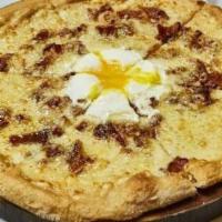 Croque Madame Pizza · Gruyere Cheese, Mornay Sauce, Bacon and baked Egg.