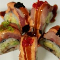 Kimono Roll · Crabmeat, avocado, eel, crunch, cucumber top with tuna, salmon, yellowtail and tobiko with e...