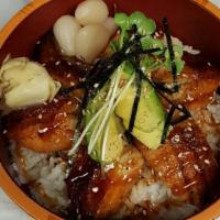Unagi Don · Roasted eel over rice with eel sauce and miso soup.