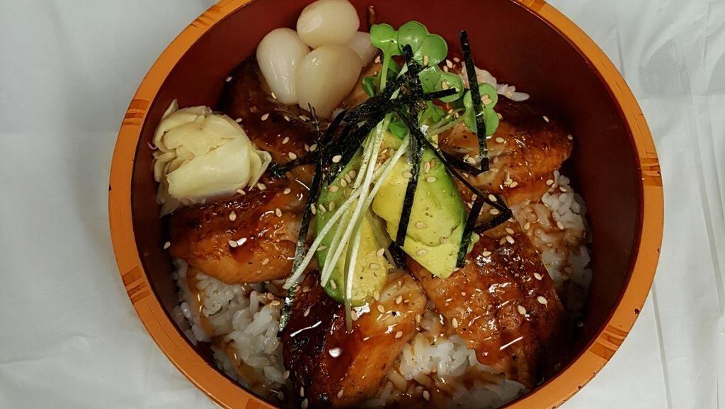 Unagi Don · Roasted eel over rice with eel sauce and miso soup.