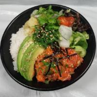 Spicy Tuna Poke Bowl · Spicy tuna poke with seaweed, avocado, ginger and mix salad over sushi rice. miso soup.