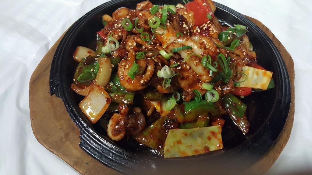 Stir-Fried Baby Octopus With Pork Belly · Spicy. Served with slices of pork belly, baby octopus and vegetables in spicy sauce.