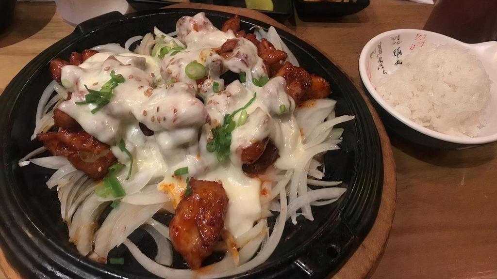 Burning Chicken With Mozzarella Cheese · Spicy. Stir-fried burning hot chicken with fresh mozzarella cheese on the top. comes with rice and miso soup.