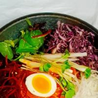 Jjol Myun · Cold noodle with Korean chewy noodle, vegetables and boiled egg. Spicy