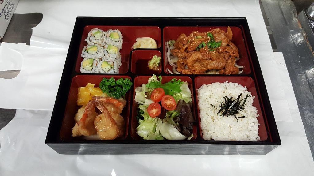 Spicy Pork Bbq Bento · Spicy. rice, mix salad with ginger dressing, 3pcs fried shrimp and California roll and miso soup