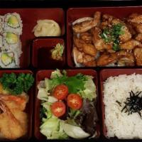Chicken Teriyaki Bento · rice, mix salad with ginger dressing, 3pcs fried shrimp and California roll and miso soup