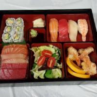Sushi And Sashimi Bento · mix salad with ginger dressing, 6pcs sashimi, 4pcs sushi,3pcs fried shrimp and California ro...