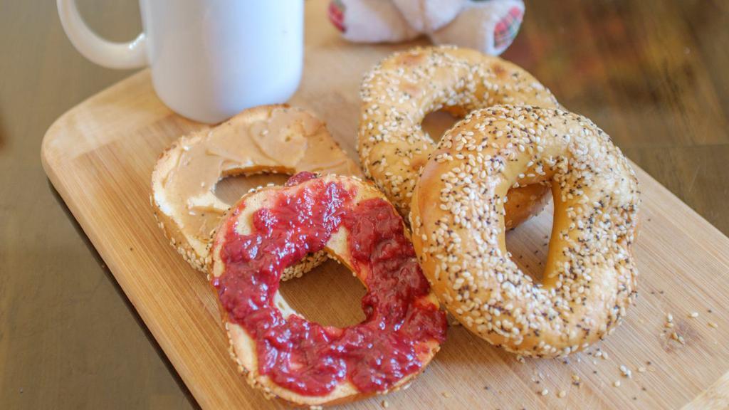 Bagel With Peanut Butter & Jelly · Customers choice of bagel in whipped peanut butter and jelly.