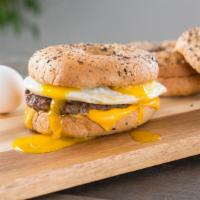 Sausage, Egg & Cheese Bagel · Fresh cooked sausage on egg and cheese bagel sandwich.