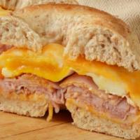 Ham, Egg & Cheese Bagel Sandwich · Fresh cut ham cheese and eggs on bagel sandwich.