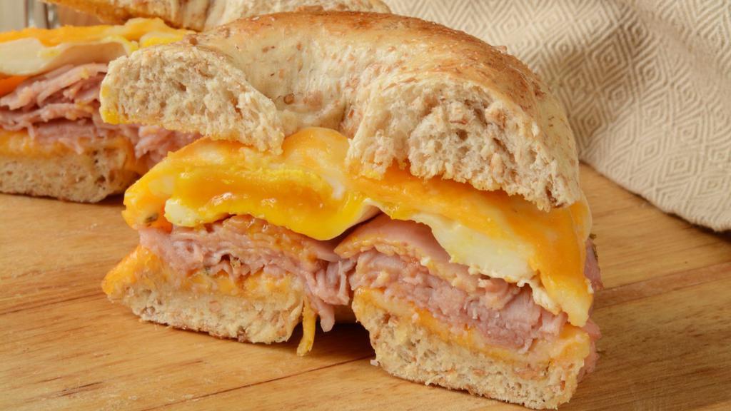 Ham, Egg & Cheese Bagel Sandwich · Fresh cut ham cheese and eggs on bagel sandwich.