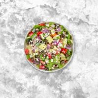 Greek Salad · (Vegetarian) Romaine lettuce, vegan cheese, tomato, olives, cucumber, and onions.