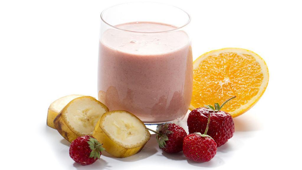 Super Energy Smoothie · Bananas, strawberries, apple, strawberry whey protein, and orange juice.