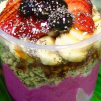 Pitaya Bowl · Blend: Organic Pitaya,  coconut milk, Strawberries, Banana, and Pineapple
Topping: Fresh Ban...