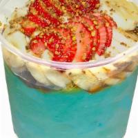 Blue Wave Bowl · Blend: organic blue spirulina blends w/pineapple, mango, organic apple juice.<br />Topping: ...