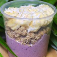 Pb Berries Smoothie Bowl · Blend: Blueberries, strawberries, local banana, organic soymilk, peanut butter, 
vegan soy c...
