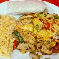  Fajitas · Served with rice and beans you can choose from steak or chicken