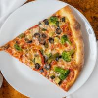 Veggie Pizza · Broccoli, eggplant, mushrooms, peppers, olives, spinach, tomato sauce & mozzarella.