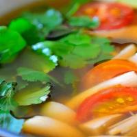 Tom-Yum Soup · Spicy. Lemon grass, mushrooms, simmered in a veg broth vegetable broth.